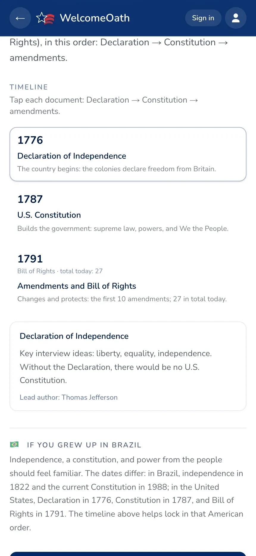 A WelcomeOath lesson on the Declaration of Independence, with a timeline and an 'If you grew up in Brazil' comparison.